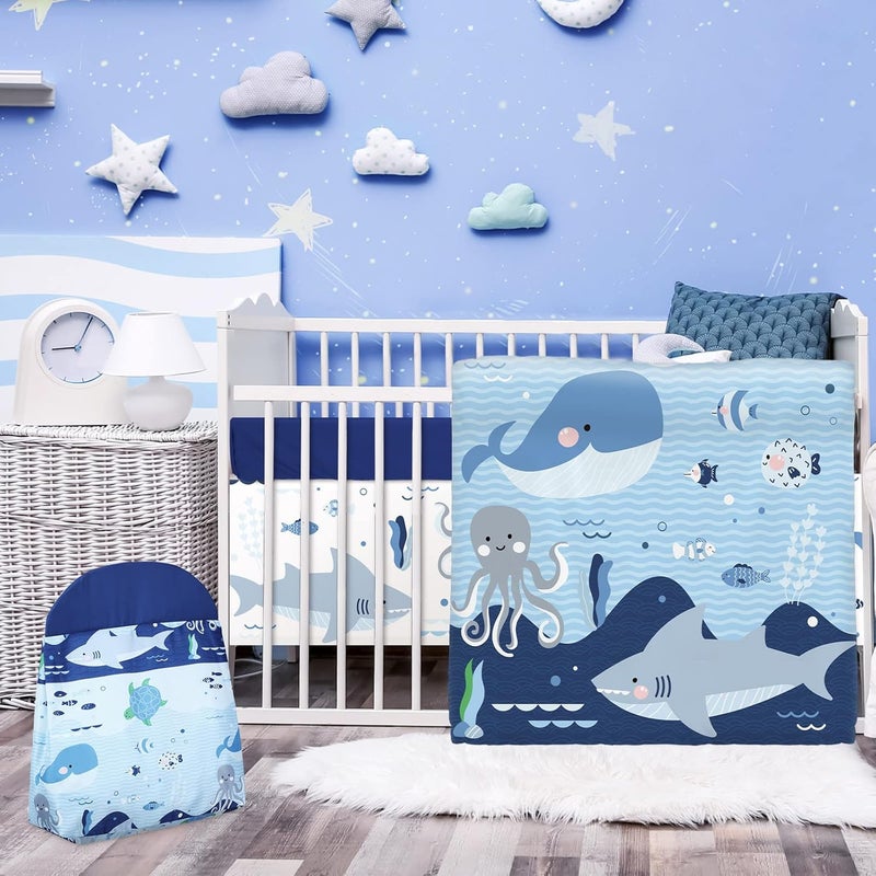 Rtteri 4 Pieces Baby Crib Bedding Set, Nursery Bedding Standard Size Soft Baby Bedding Set Including Crib Skirt, Blanket, Sheet and Diaper Stacker for Girls and Boys(Whale) - Image 1